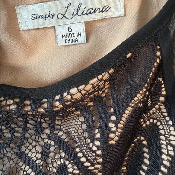 Simply Liliana Black Lace Sheath Dress Sheer Sleeves Tan Lining Sz. 6 - Picture 7 of 9